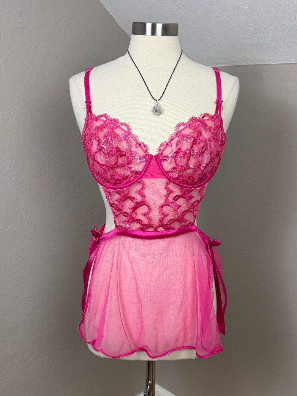 Victoria's Secret | Hot Pink Lace Mesh Babydoll Lingerie Size Large